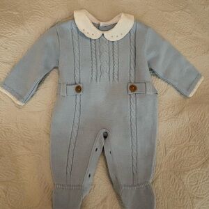 Classic Knit Baby One-Piece with Peter Pan Collar - Light Blue